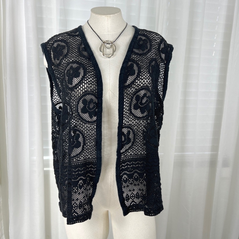 Womens Black Crochet Lace Floral Mesh Vest Open Front Sleeveless Boho Goth